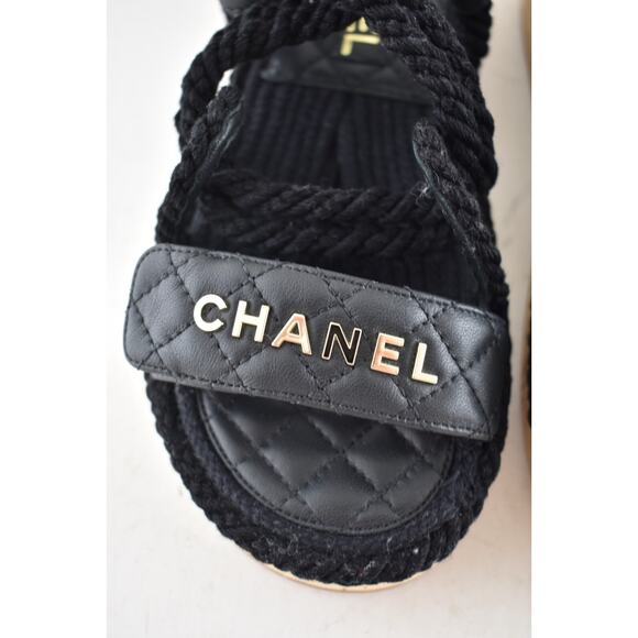 Chanel REV Black Gold Cord Rope CC Quilted Mule Ankle Strap Dad Sandal Flat 36 - Picture 8 of 14